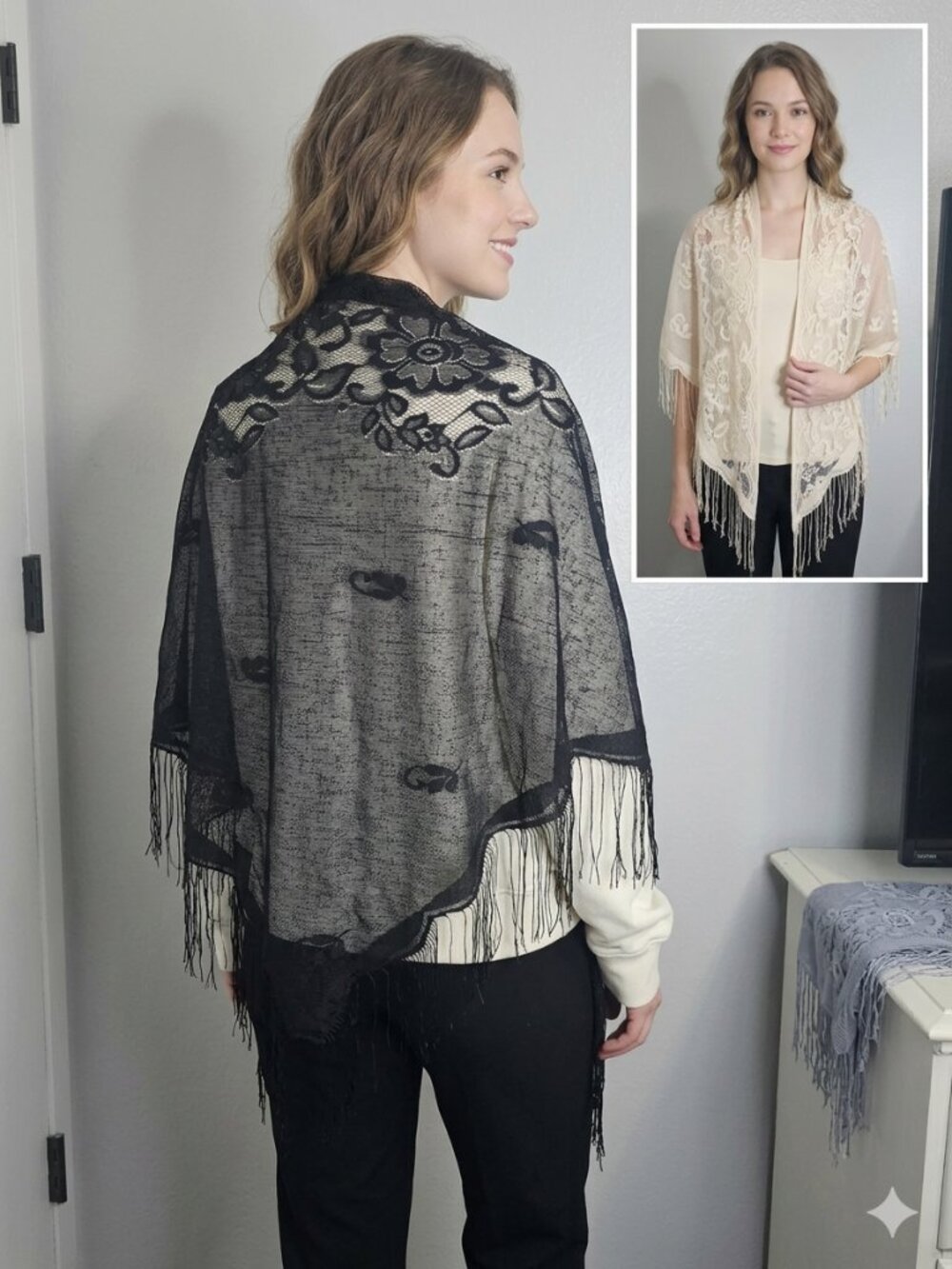 NWOT Unbranded 3 PC Bundle Floral Lace Fringe Shawls - Boho Bikini Cover Up Set - Picture 2 of 7